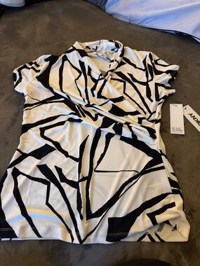 DKNY Black and White Abstract Wrap-Style Top